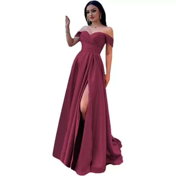 Youjiayi Off Shoulder Prom Dresses with Slit Long Satin Formal Dresses for Women Sweetheart Pleated Evening Gowns YJY86Desert Rose
