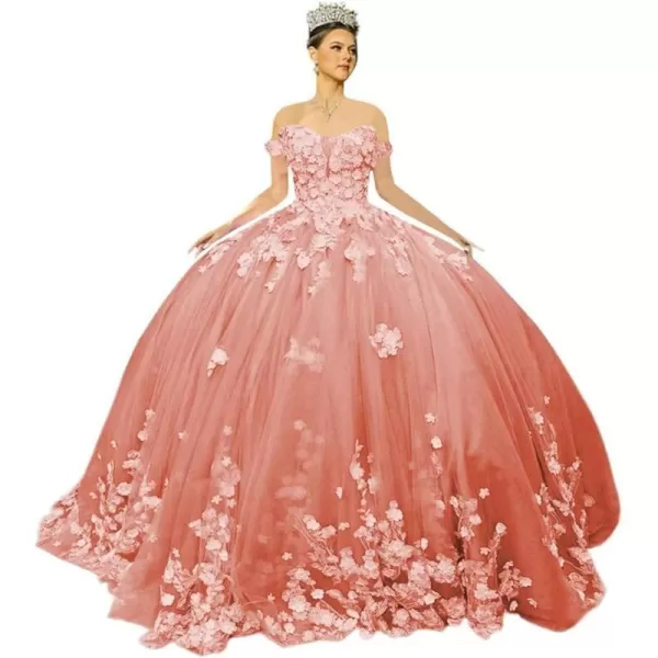 Youjiayi Off Shoulder Quinceanera Dresses Ball Gown Puffy Tulle Sweet 16 Dresses 3D Floral Prom Dresses with Train YJY88Coral
