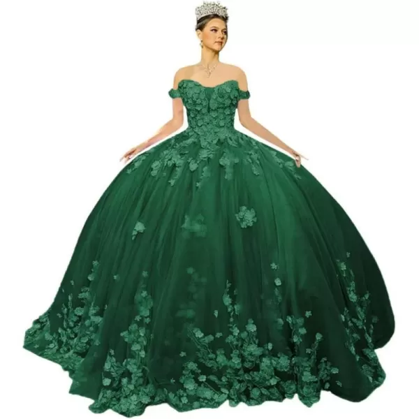 Youjiayi Off Shoulder Quinceanera Dresses Ball Gown Puffy Tulle Sweet 16 Dresses 3D Floral Prom Dresses with Train YJY88Emerald Green