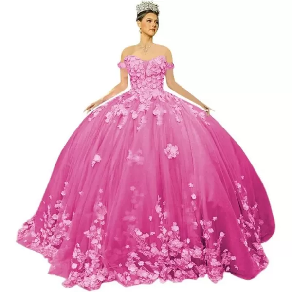 Youjiayi Off Shoulder Quinceanera Dresses Ball Gown Puffy Tulle Sweet 16 Dresses 3D Floral Prom Dresses with Train YJY88Hot Pink