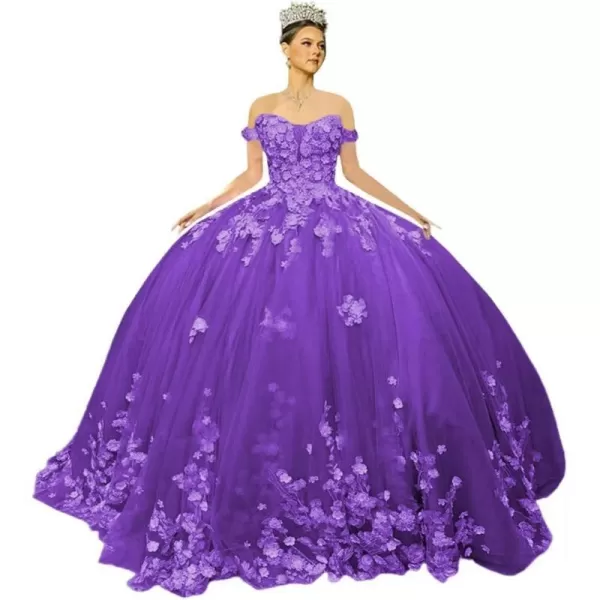 Youjiayi Off Shoulder Quinceanera Dresses Ball Gown Puffy Tulle Sweet 16 Dresses 3D Floral Prom Dresses with Train YJY88Purple