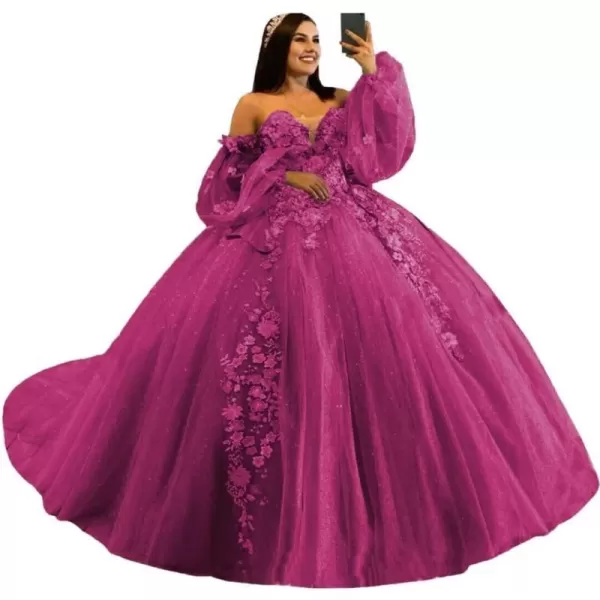 Youjiayi Puffy Sleeve Quinceanera Dresses Ball Gown 3D Floral Sweet 15 16 Dresses Off Shoulder Prom Dresses with TrainFuchsia