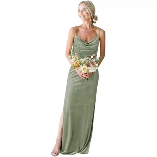 Youjiayi Spaghetti Straps Bridesmaid Dresses with Slit Velvet Formal Dresses for Women Sleeveless Evening Gowns YJY90Sage