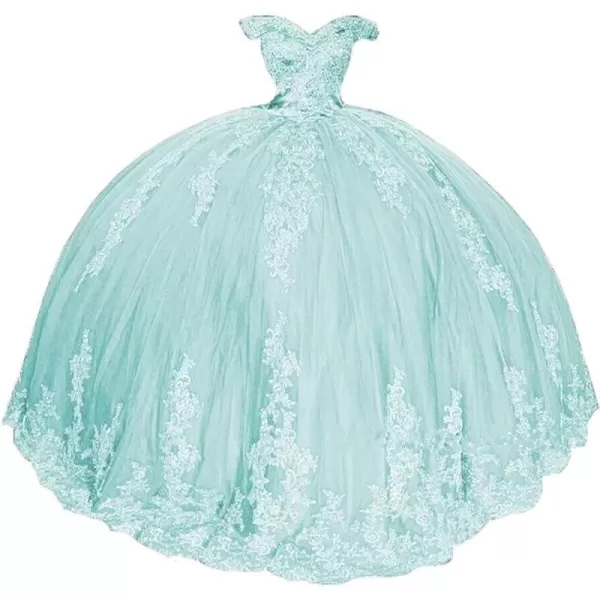 Youjiayi Womens Off Shoulder Quinceanera Dresses Ball Gown Long Tulle Bow 2022 Lace Ball Gowns for Sweet 15 16Ice Blue