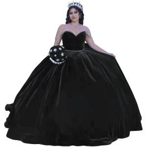 imageYoujiayi Princess Velvet Quinceanera Dresses with Bow Sparkly Beaded Sweet 16 Dresses for Women Off Shoulder Long Ball GownBlack
