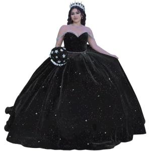 imageYoujiayi Princess Velvet Quinceanera Dresses with Bow Sparkly Beaded Sweet 16 Dresses for Women Off Shoulder Long Ball GownBlacksparkly