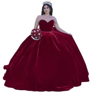 imageYoujiayi Princess Velvet Quinceanera Dresses with Bow Sparkly Beaded Sweet 16 Dresses for Women Off Shoulder Long Ball GownBurgundy