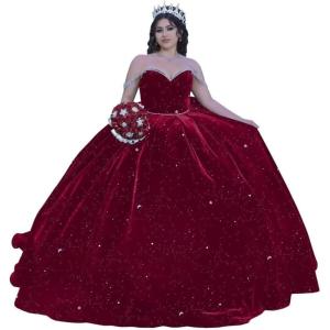 imageYoujiayi Princess Velvet Quinceanera Dresses with Bow Sparkly Beaded Sweet 16 Dresses for Women Off Shoulder Long Ball GownBurgundysparkly