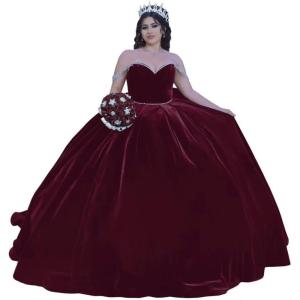 imageYoujiayi Princess Velvet Quinceanera Dresses with Bow Sparkly Beaded Sweet 16 Dresses for Women Off Shoulder Long Ball GownDark Burgundy