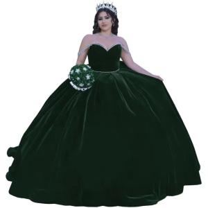imageYoujiayi Princess Velvet Quinceanera Dresses with Bow Sparkly Beaded Sweet 16 Dresses for Women Off Shoulder Long Ball GownDark Green