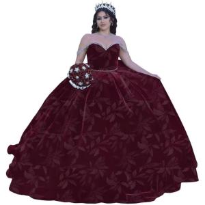 imageYoujiayi Princess Velvet Quinceanera Dresses with Bow Sparkly Beaded Sweet 16 Dresses for Women Off Shoulder Long Ball GownDeepburgundyleaf