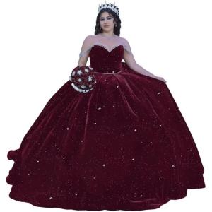 imageYoujiayi Princess Velvet Quinceanera Dresses with Bow Sparkly Beaded Sweet 16 Dresses for Women Off Shoulder Long Ball GownDeepburgundysparkly