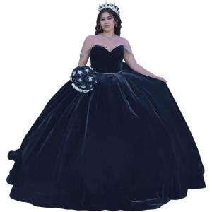 imageYoujiayi Princess Velvet Quinceanera Dresses with Bow Sparkly Beaded Sweet 16 Dresses for Women Off Shoulder Long Ball GownNavy
