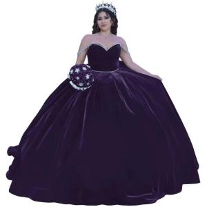 imageYoujiayi Princess Velvet Quinceanera Dresses with Bow Sparkly Beaded Sweet 16 Dresses for Women Off Shoulder Long Ball GownPlum