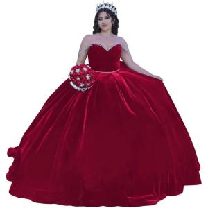 imageYoujiayi Princess Velvet Quinceanera Dresses with Bow Sparkly Beaded Sweet 16 Dresses for Women Off Shoulder Long Ball GownRed