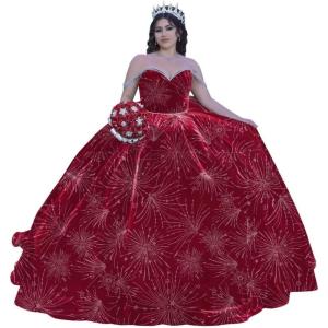 imageYoujiayi Princess Velvet Quinceanera Dresses with Bow Sparkly Beaded Sweet 16 Dresses for Women Off Shoulder Long Ball GownRedfirework