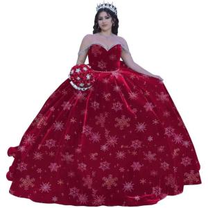 imageYoujiayi Princess Velvet Quinceanera Dresses with Bow Sparkly Beaded Sweet 16 Dresses for Women Off Shoulder Long Ball GownRedsnow