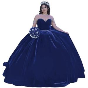 imageYoujiayi Princess Velvet Quinceanera Dresses with Bow Sparkly Beaded Sweet 16 Dresses for Women Off Shoulder Long Ball GownRoyal Blue