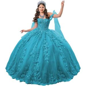 imageYoujiayi 3D Floral Quinceanera Dresses with Bow Off Shoulder Lace Appliques Sweet 16 Dresses Sparkly Beaded Long Ball GownBlue