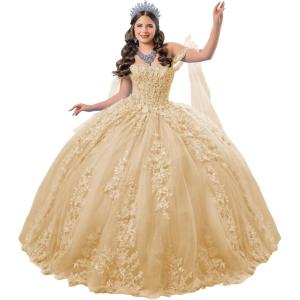 imageYoujiayi 3D Floral Quinceanera Dresses with Bow Off Shoulder Lace Appliques Sweet 16 Dresses Sparkly Beaded Long Ball GownChampagne
