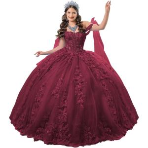 imageYoujiayi 3D Floral Quinceanera Dresses with Bow Off Shoulder Lace Appliques Sweet 16 Dresses Sparkly Beaded Long Ball GownDeep Burgundy