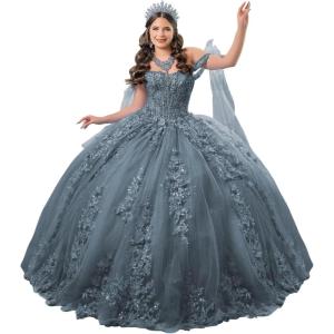 imageYoujiayi 3D Floral Quinceanera Dresses with Bow Off Shoulder Lace Appliques Sweet 16 Dresses Sparkly Beaded Long Ball GownDusty Blue