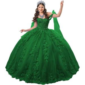 imageYoujiayi 3D Floral Quinceanera Dresses with Bow Off Shoulder Lace Appliques Sweet 16 Dresses Sparkly Beaded Long Ball GownEmerald Green