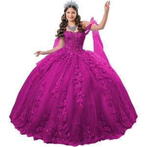 imageYoujiayi 3D Floral Quinceanera Dresses with Bow Off Shoulder Lace Appliques Sweet 16 Dresses Sparkly Beaded Long Ball GownFuchsia