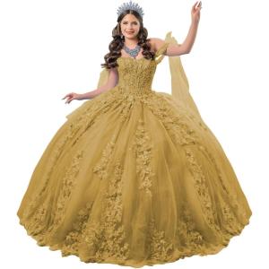 imageYoujiayi 3D Floral Quinceanera Dresses with Bow Off Shoulder Lace Appliques Sweet 16 Dresses Sparkly Beaded Long Ball GownGold