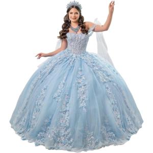 imageYoujiayi 3D Floral Quinceanera Dresses with Bow Off Shoulder Lace Appliques Sweet 16 Dresses Sparkly Beaded Long Ball GownLight Blue