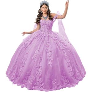 imageYoujiayi 3D Floral Quinceanera Dresses with Bow Off Shoulder Lace Appliques Sweet 16 Dresses Sparkly Beaded Long Ball GownLilac