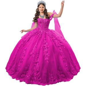 imageYoujiayi 3D Floral Quinceanera Dresses with Bow Off Shoulder Lace Appliques Sweet 16 Dresses Sparkly Beaded Long Ball GownMagenta