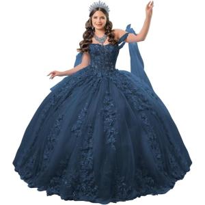 imageYoujiayi 3D Floral Quinceanera Dresses with Bow Off Shoulder Lace Appliques Sweet 16 Dresses Sparkly Beaded Long Ball GownNavy