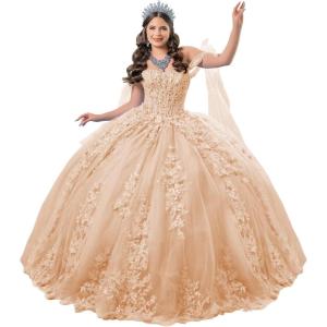 imageYoujiayi 3D Floral Quinceanera Dresses with Bow Off Shoulder Lace Appliques Sweet 16 Dresses Sparkly Beaded Long Ball GownPeach