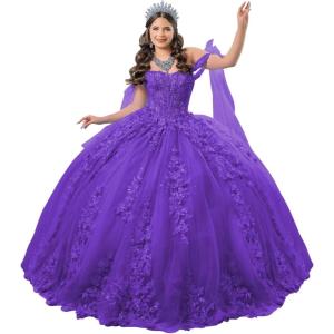 imageYoujiayi 3D Floral Quinceanera Dresses with Bow Off Shoulder Lace Appliques Sweet 16 Dresses Sparkly Beaded Long Ball GownPurple