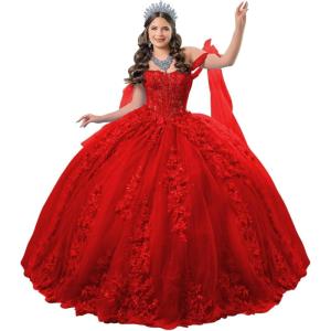 imageYoujiayi 3D Floral Quinceanera Dresses with Bow Off Shoulder Lace Appliques Sweet 16 Dresses Sparkly Beaded Long Ball GownRed