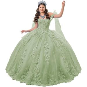 imageYoujiayi 3D Floral Quinceanera Dresses with Bow Off Shoulder Lace Appliques Sweet 16 Dresses Sparkly Beaded Long Ball GownSage