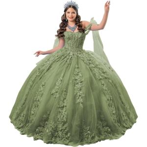 imageYoujiayi 3D Floral Quinceanera Dresses with Bow Off Shoulder Lace Appliques Sweet 16 Dresses Sparkly Beaded Long Ball GownSage Green