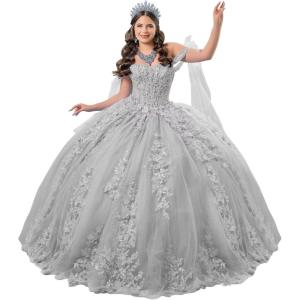 imageYoujiayi 3D Floral Quinceanera Dresses with Bow Off Shoulder Lace Appliques Sweet 16 Dresses Sparkly Beaded Long Ball GownSilver