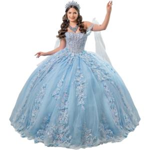 imageYoujiayi 3D Floral Quinceanera Dresses with Bow Off Shoulder Lace Appliques Sweet 16 Dresses Sparkly Beaded Long Ball GownSky Blue