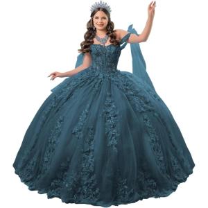 imageYoujiayi 3D Floral Quinceanera Dresses with Bow Off Shoulder Lace Appliques Sweet 16 Dresses Sparkly Beaded Long Ball GownTeal