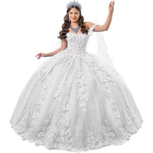 imageYoujiayi 3D Floral Quinceanera Dresses with Bow Off Shoulder Lace Appliques Sweet 16 Dresses Sparkly Beaded Long Ball GownWhite