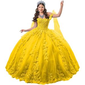 imageYoujiayi 3D Floral Quinceanera Dresses with Bow Off Shoulder Lace Appliques Sweet 16 Dresses Sparkly Beaded Long Ball GownYellow Dark