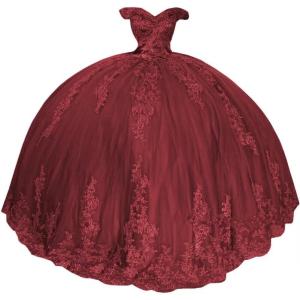 imageYoujiayi Princess Off Shoulder Quinceanera Dresses Puffy Lace Tulle Sweet 16 Dress with Train Big Bow Long Ball GownsBurgundy