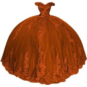 imageYoujiayi Princess Off Shoulder Quinceanera Dresses Puffy Lace Tulle Sweet 16 Dress with Train Big Bow Long Ball GownsBurnt Orange