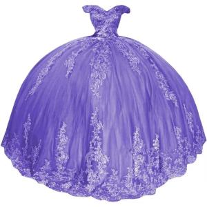 imageYoujiayi Princess Off Shoulder Quinceanera Dresses Puffy Lace Tulle Sweet 16 Dress with Train Big Bow Long Ball GownsDark Lavender