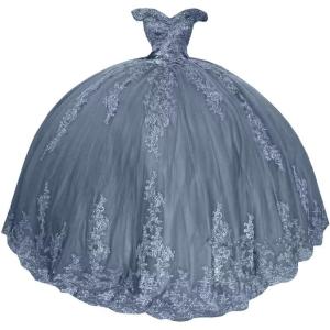 imageYoujiayi Princess Off Shoulder Quinceanera Dresses Puffy Lace Tulle Sweet 16 Dress with Train Big Bow Long Ball GownsDusty Blue