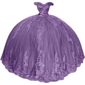 imageYoujiayi Princess Off Shoulder Quinceanera Dresses Puffy Lace Tulle Sweet 16 Dress with Train Big Bow Long Ball GownsDusty Purple