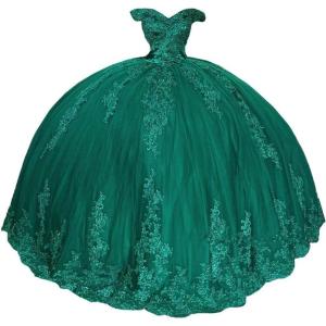 imageYoujiayi Princess Off Shoulder Quinceanera Dresses Puffy Lace Tulle Sweet 16 Dress with Train Big Bow Long Ball GownsEmerald Green