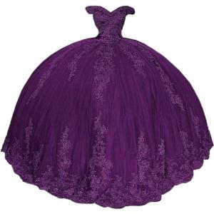 imageYoujiayi Princess Off Shoulder Quinceanera Dresses Puffy Lace Tulle Sweet 16 Dress with Train Big Bow Long Ball GownsGrape